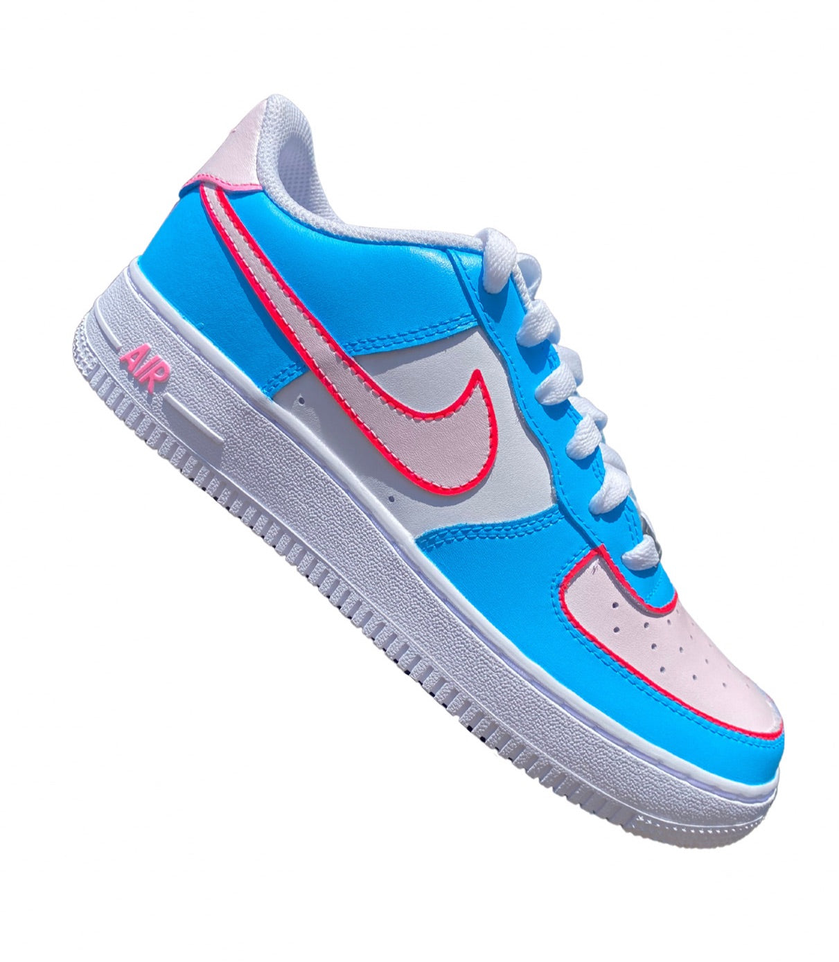 Custom sneakers with a blue base, white swoosh, and pink accents