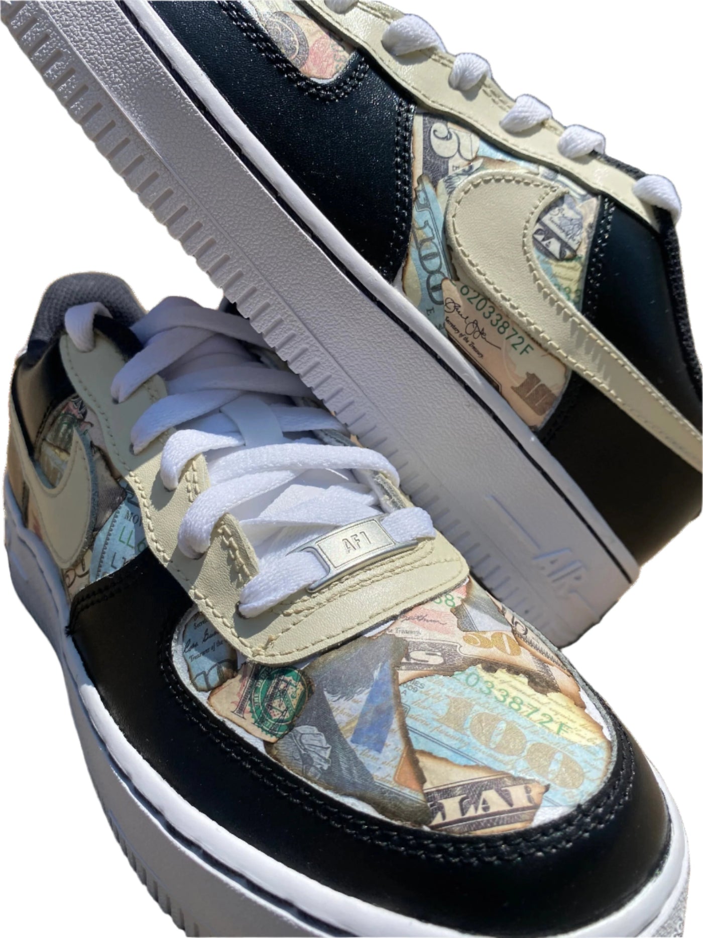 Black and beige colored sneakers with fake money design 