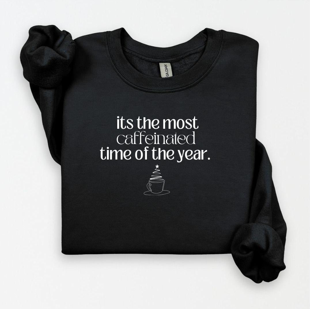 Custom black sweatshirt with a funny holiday coffee-themed graphic and saying