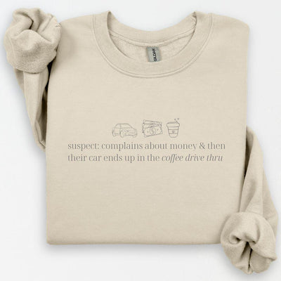Suspect Needs Coffee Crewneck, Funny Coffee Sweatshirt, Funny Gifts, Coffee Lover Gift, Coffee Addict Gift, Coffee Lover Crewneck For Her