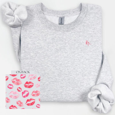 ILY Kiss Crewneck, Cute Valentine's Day Shirt, Kiss Print, Design on Back, Gift for Him, Girlfriend Gift, Anniversary Gift, Romantic Gift