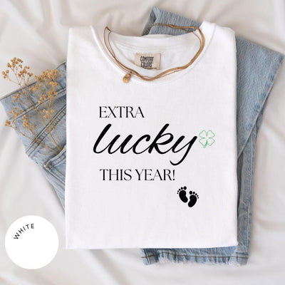 Extra Lucky This Year Comfort Colors® Shirt, St Patrick's Day Pregnancy Reveal, Pregnancy Announcement Tee, Mom To Be Shirt, Expecting Mom