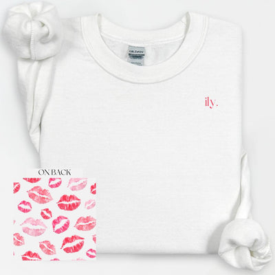 ILY Kiss Crewneck, Cute Valentine's Day Shirt, Kiss Print, Design on Back, Gift for Him, Girlfriend Gift, Anniversary Gift, Romantic Gift