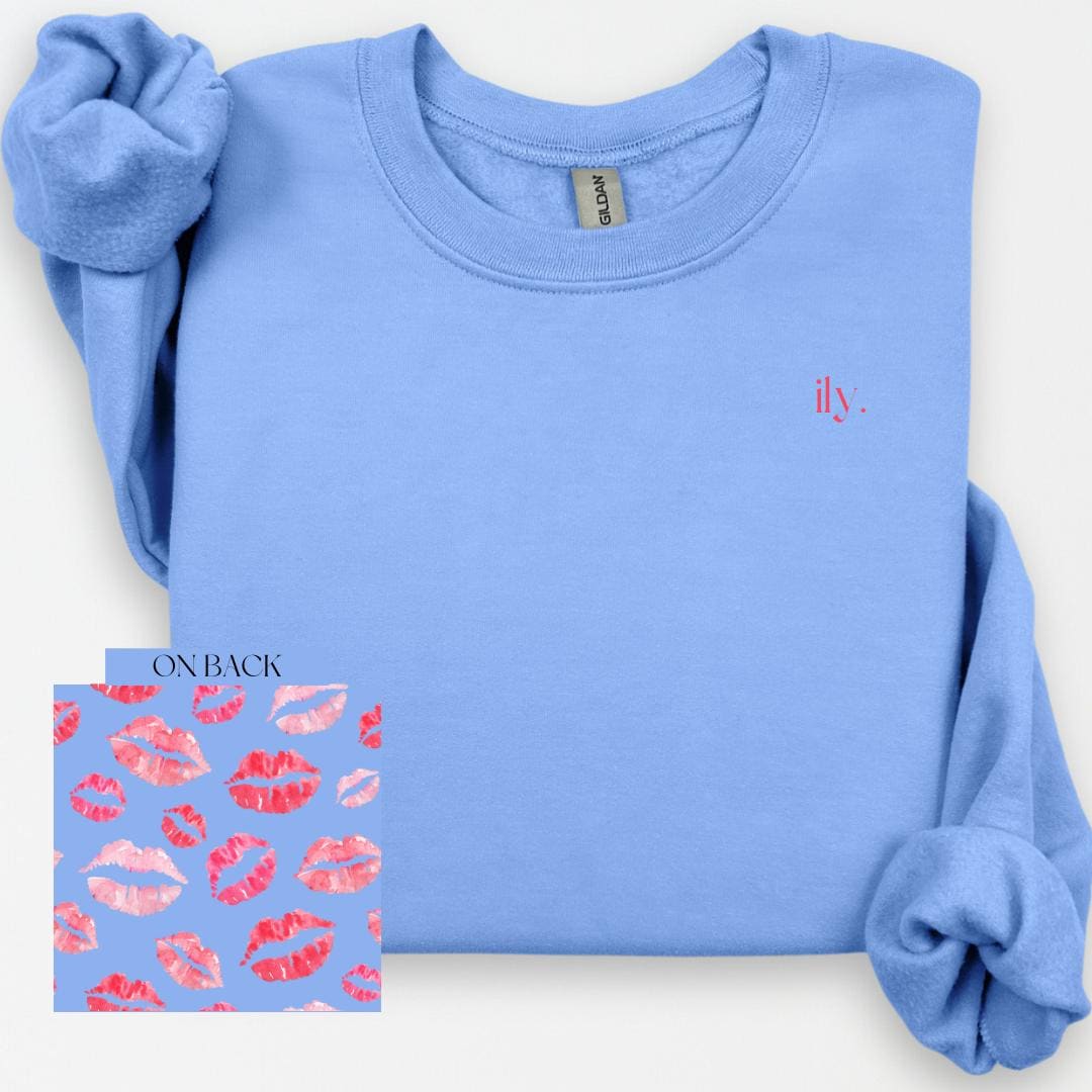 ILY Kiss Crewneck, Cute Valentine's Day Shirt, Kiss Print, Design on Back, Gift for Him, Girlfriend Gift, Anniversary Gift, Romantic Gift
