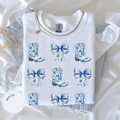 Coquette Cowgirl Crewneck, Bow Hoodie, Toile de Jouy Shirt, Trendy Cute Cowgirl, Coquette French Aesthetic, Daughter Gift, Blue Bow Tshirt
