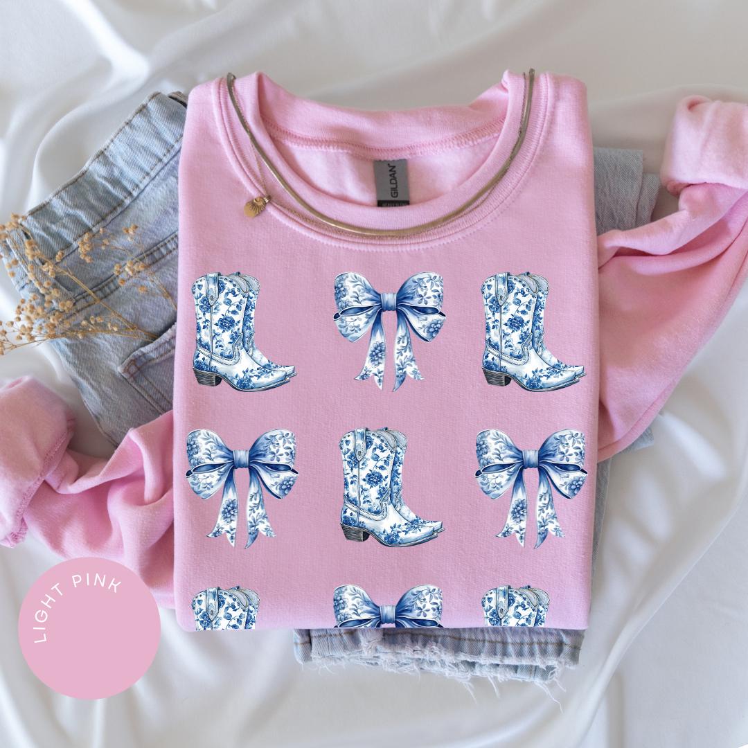 Coquette Cowgirl Crewneck, Bow Hoodie, Toile de Jouy Shirt, Trendy Cute Cowgirl, Coquette French Aesthetic, Daughter Gift, Blue Bow Tshirt
