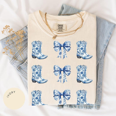 Coquette Cowgirl Comfort Color® Shirt, Bow Shirt, Toile de Jouy Tee, Trendy Cute Cowgirl, Coquette Aesthetic, Daughter Gift, Blue Bow Tshirt