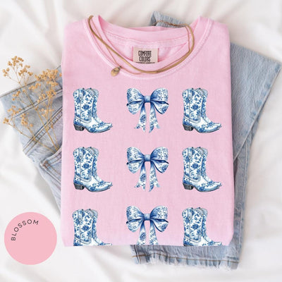 Coquette Cowgirl Comfort Color® Shirt, Bow Shirt, Toile de Jouy Tee, Trendy Cute Cowgirl, Coquette Aesthetic, Daughter Gift, Blue Bow Tshirt