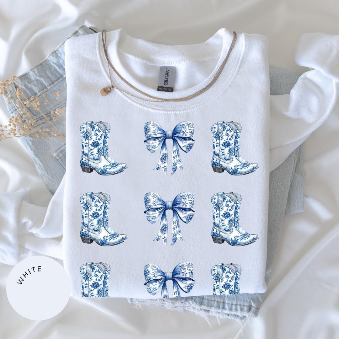 Coquette Cowgirl Crewneck, Bow Hoodie, Toile de Jouy Shirt, Trendy Cute Cowgirl, Coquette French Aesthetic, Daughter Gift, Blue Bow Tshirt