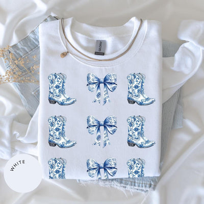 Coquette Cowgirl Crewneck, Bow Hoodie, Toile de Jouy Shirt, Trendy Cute Cowgirl, Coquette French Aesthetic, Daughter Gift, Blue Bow Tshirt