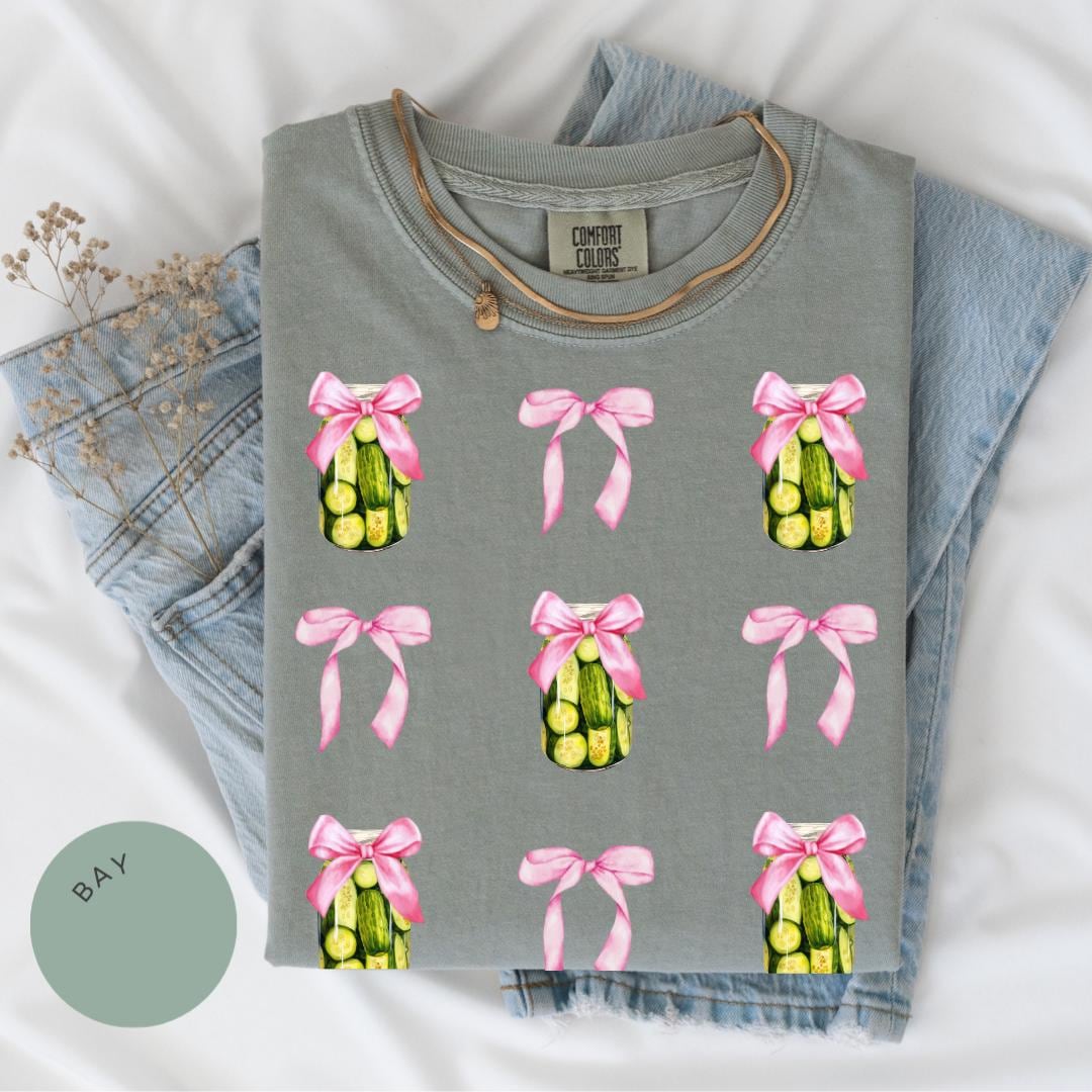 Pickle Comfort Color® Shirt, Pink Bow Shirt, Pickle Lover Gift, Coquette, Daughter Gift, Pickle Lover Tshirt, Toile de Jouy, Cute Pickle Tee