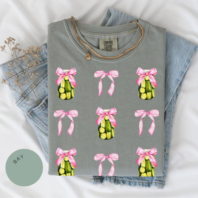 Pickle Comfort Color® Shirt, Pink Bow Shirt, Pickle Lover Gift, Coquette, Daughter Gift, Pickle Lover Tshirt, Toile de Jouy, Cute Pickle Tee