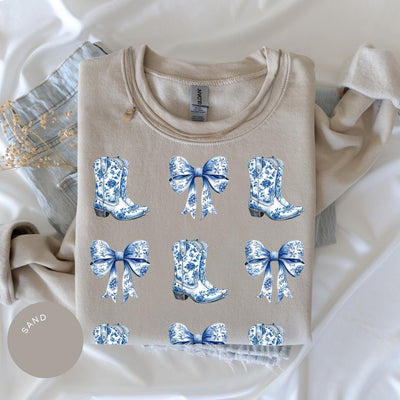 Coquette Cowgirl Crewneck, Bow Hoodie, Toile de Jouy Shirt, Trendy Cute Cowgirl, Coquette French Aesthetic, Daughter Gift, Blue Bow Tshirt