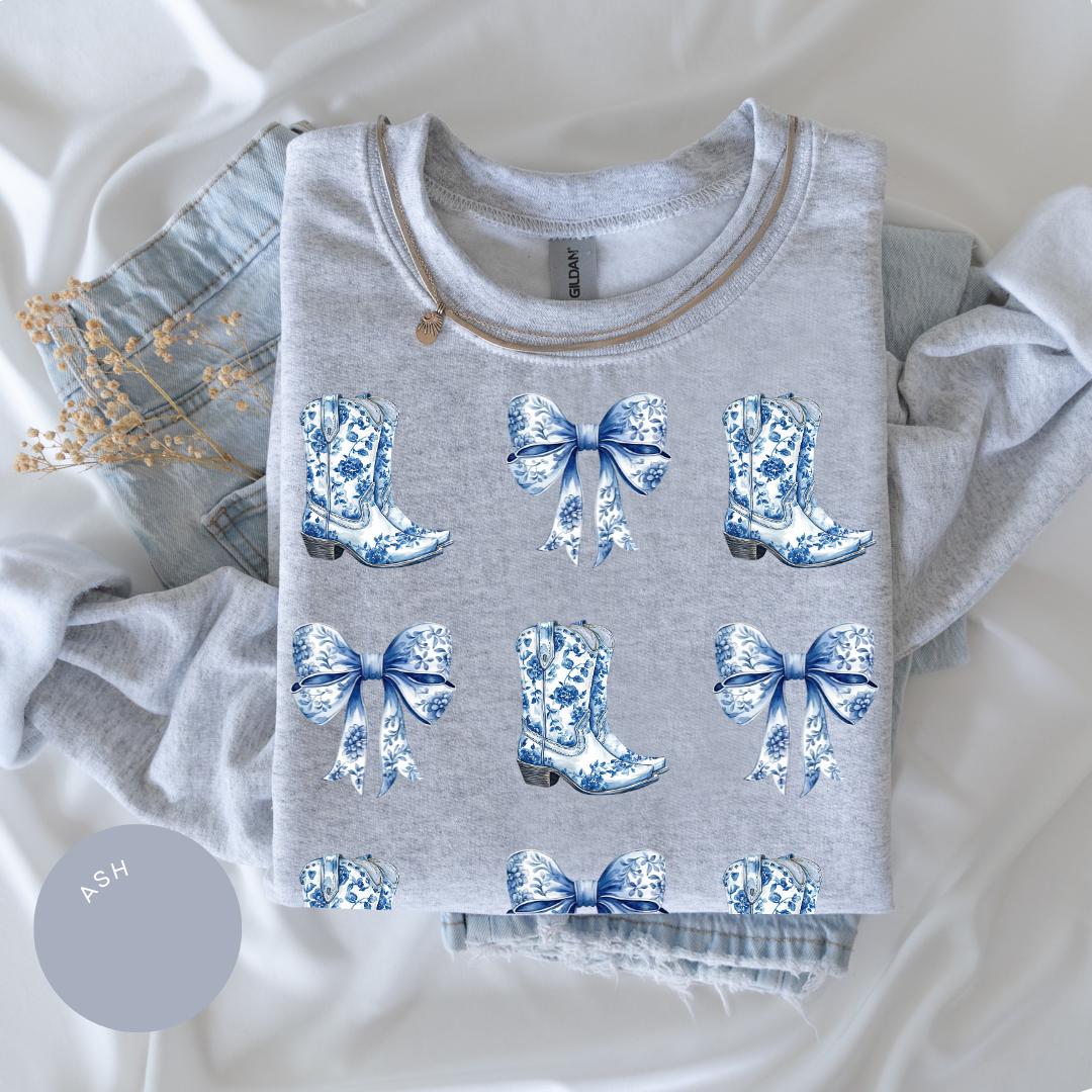 Coquette Cowgirl Crewneck, Bow Hoodie, Toile de Jouy Shirt, Trendy Cute Cowgirl, Coquette French Aesthetic, Daughter Gift, Blue Bow Tshirt