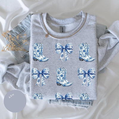 Coquette Cowgirl Crewneck, Bow Hoodie, Toile de Jouy Shirt, Trendy Cute Cowgirl, Coquette French Aesthetic, Daughter Gift, Blue Bow Tshirt