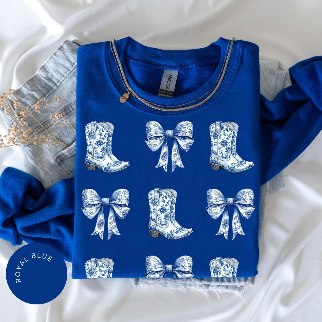 Coquette Cowgirl Crewneck, Bow Hoodie, Toile de Jouy Shirt, Trendy Cute Cowgirl, Coquette French Aesthetic, Daughter Gift, Blue Bow Tshirt