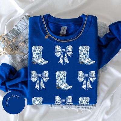 Coquette Cowgirl Crewneck, Bow Hoodie, Toile de Jouy Shirt, Trendy Cute Cowgirl, Coquette French Aesthetic, Daughter Gift, Blue Bow Tshirt