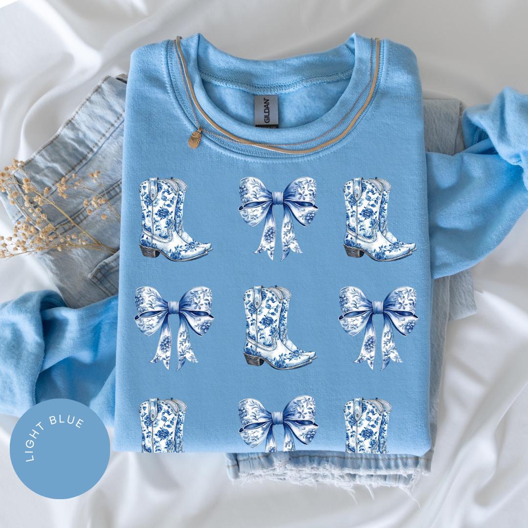 Coquette Cowgirl Crewneck, Bow Hoodie, Toile de Jouy Shirt, Trendy Cute Cowgirl, Coquette French Aesthetic, Daughter Gift, Blue Bow Tshirt