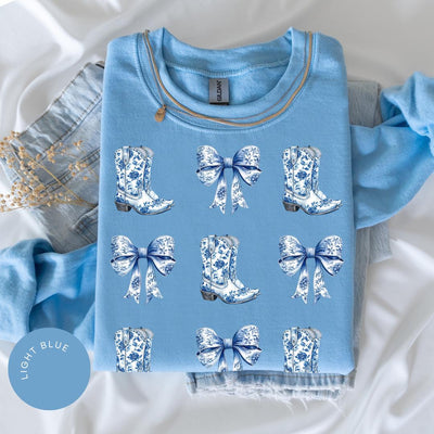 Coquette Cowgirl Crewneck, Bow Hoodie, Toile de Jouy Shirt, Trendy Cute Cowgirl, Coquette French Aesthetic, Daughter Gift, Blue Bow Tshirt