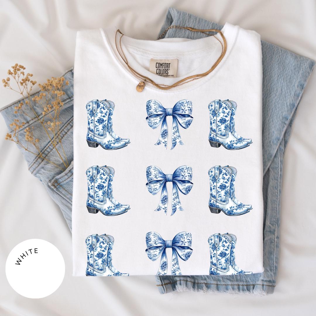 Coquette Cowgirl Comfort Color® Shirt, Bow Shirt, Toile de Jouy Tee, Trendy Cute Cowgirl, Coquette Aesthetic, Daughter Gift, Blue Bow Tshirt