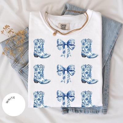 Coquette Cowgirl Comfort Color® Shirt, Bow Shirt, Toile de Jouy Tee, Trendy Cute Cowgirl, Coquette Aesthetic, Daughter Gift, Blue Bow Tshirt