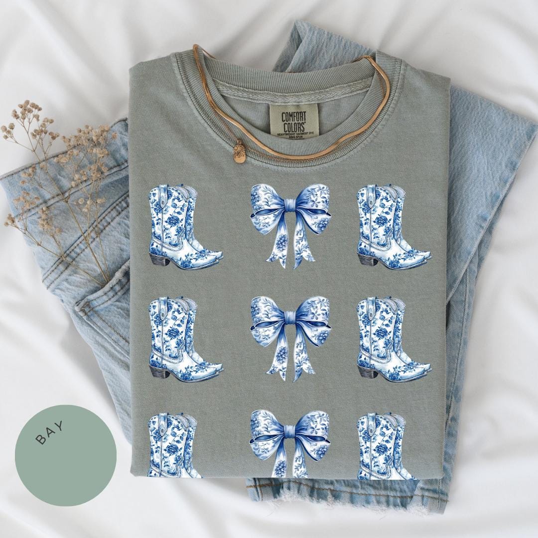 Coquette Cowgirl Comfort Color® Shirt, Bow Shirt, Toile de Jouy Tee, Trendy Cute Cowgirl, Coquette Aesthetic, Daughter Gift, Blue Bow Tshirt