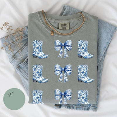 Coquette Cowgirl Comfort Color® Shirt, Bow Shirt, Toile de Jouy Tee, Trendy Cute Cowgirl, Coquette Aesthetic, Daughter Gift, Blue Bow Tshirt