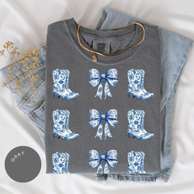 Coquette Cowgirl Comfort Color® Shirt, Bow Shirt, Toile de Jouy Tee, Trendy Cute Cowgirl, Coquette Aesthetic, Daughter Gift, Blue Bow Tshirt