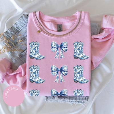 Coquette Cowgirl Crewneck, Bow Hoodie, Toile de Jouy Shirt, Trendy Cute Cowgirl, Coquette French Aesthetic, Daughter Gift, Blue Bow Tshirt