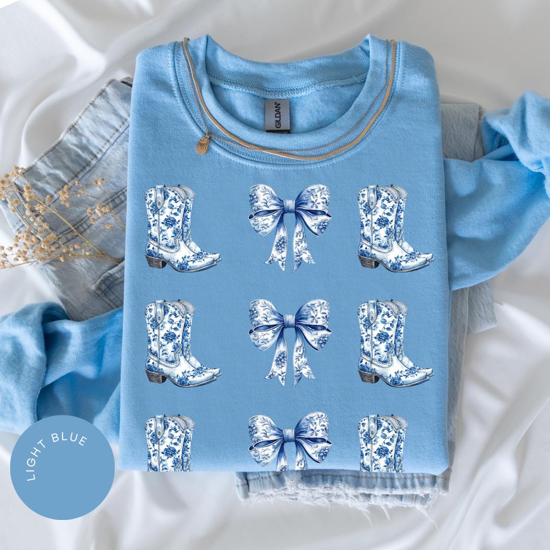 Coquette Cowgirl Crewneck, Bow Hoodie, Toile de Jouy Shirt, Trendy Cute Cowgirl, Coquette French Aesthetic, Daughter Gift, Blue Bow Tshirt