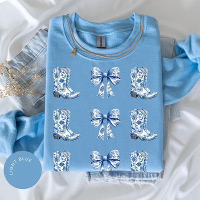 Coquette Cowgirl Crewneck, Bow Hoodie, Toile de Jouy Shirt, Trendy Cute Cowgirl, Coquette French Aesthetic, Daughter Gift, Blue Bow Tshirt