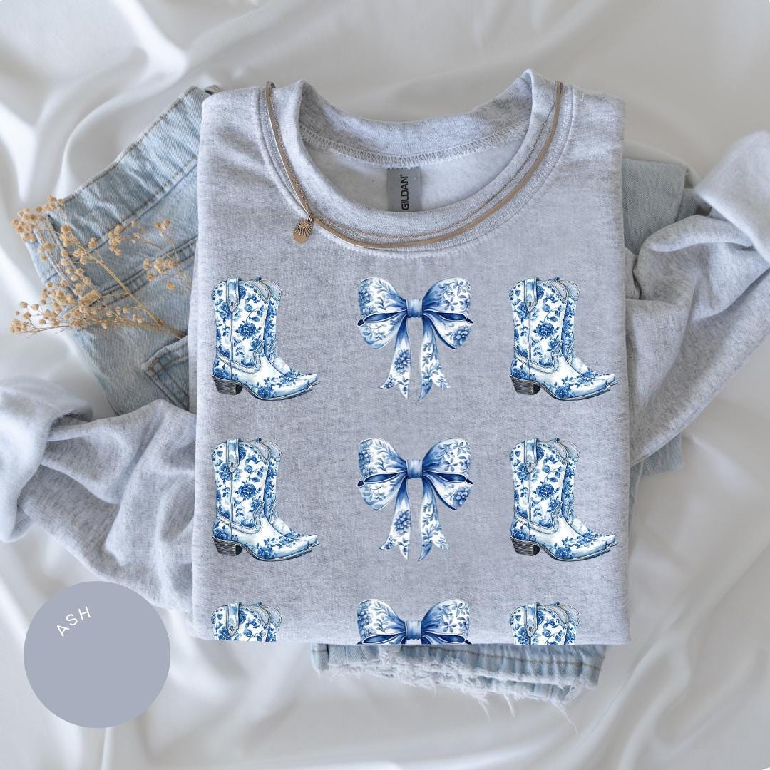 Coquette Cowgirl Crewneck, Bow Hoodie, Toile de Jouy Shirt, Trendy Cute Cowgirl, Coquette French Aesthetic, Daughter Gift, Blue Bow Tshirt