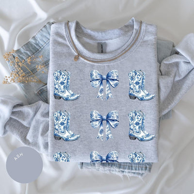Coquette Cowgirl Crewneck, Bow Hoodie, Toile de Jouy Shirt, Trendy Cute Cowgirl, Coquette French Aesthetic, Daughter Gift, Blue Bow Tshirt