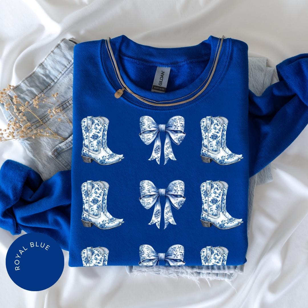 Coquette Cowgirl Crewneck, Bow Hoodie, Toile de Jouy Shirt, Trendy Cute Cowgirl, Coquette French Aesthetic, Daughter Gift, Blue Bow Tshirt