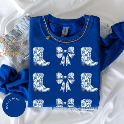 Coquette Cowgirl Crewneck, Bow Hoodie, Toile de Jouy Shirt, Trendy Cute Cowgirl, Coquette French Aesthetic, Daughter Gift, Blue Bow Tshirt