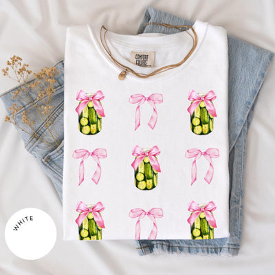 Pickle Comfort Color® Shirt, Pink Bow Shirt, Pickle Lover Gift, Coquette, Daughter Gift, Pickle Lover Tshirt, Toile de Jouy, Cute Pickle Tee