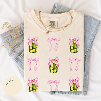 Pickle Comfort Color® Shirt, Pink Bow Shirt, Pickle Lover Gift, Coquette, Daughter Gift, Pickle Lover Tshirt, Toile de Jouy, Cute Pickle Tee