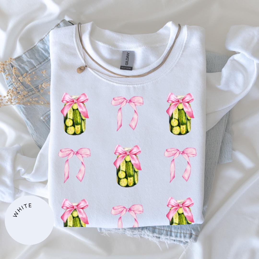 Pickle Lover Crewneck, Pink Bow Shirt, Pickle Lover Gift, Coquette Pickle, Daughter Gift, Pickle Lover Shirt, Toile de Jouy, Cute Pickle Tee