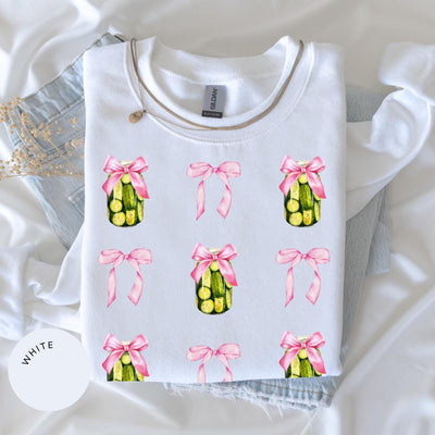 Pickle Lover Crewneck, Pink Bow Shirt, Pickle Lover Gift, Coquette Pickle, Daughter Gift, Pickle Lover Shirt, Toile de Jouy, Cute Pickle Tee