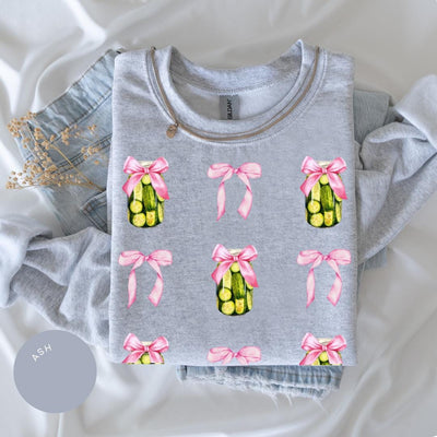 Pickle Lover Crewneck, Pink Bow Shirt, Pickle Lover Gift, Coquette Pickle, Daughter Gift, Pickle Lover Shirt, Toile de Jouy, Cute Pickle Tee
